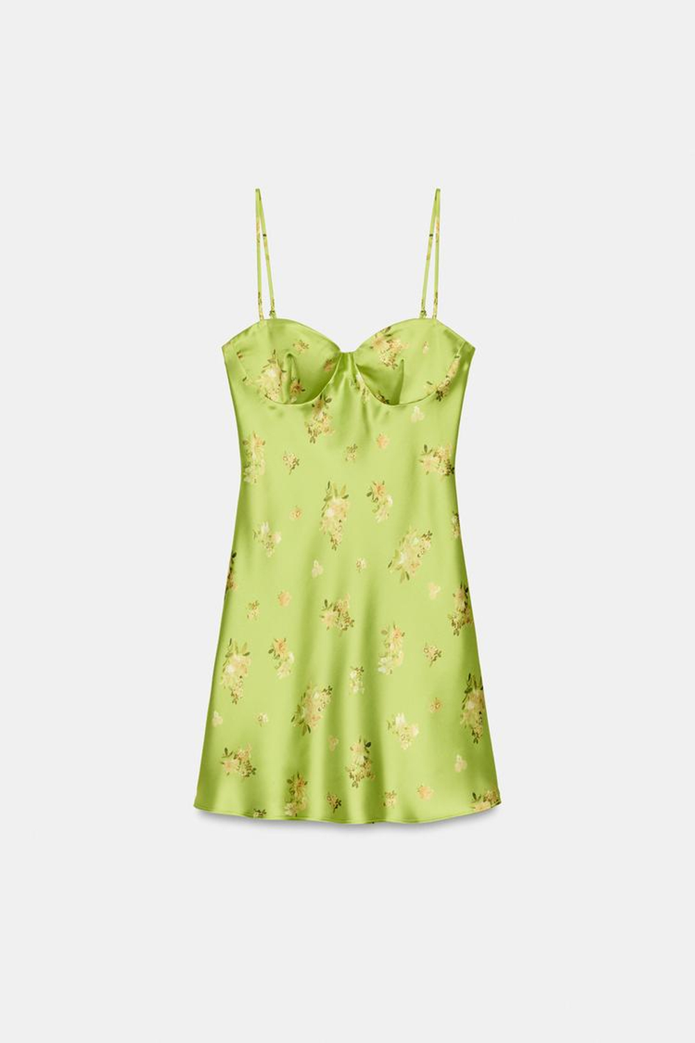 ZARA АТЛАСНОЕ МИНИ-ПЛАТЬЕ С ЦВЕТОЧНЫМ ПРИНТОМ, НЕОНОВЫЙ ЛАЙМОВЫЙ