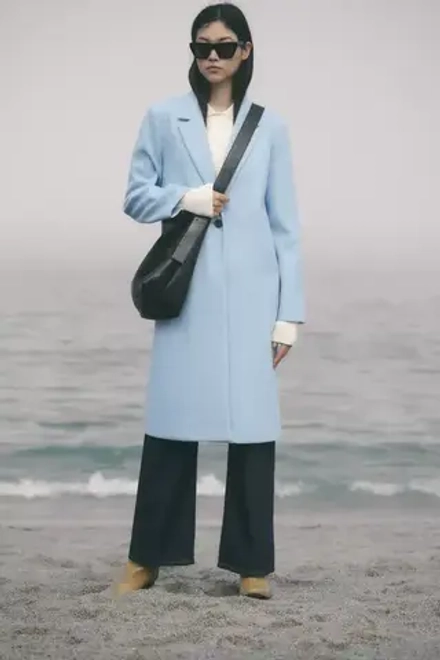 ZARA ПАЛЬТО ИЗ МЯГКОЙ ТКАНИ С ПУГОВИЦЕЙ, СИНИЙ С МЕЛАНЖЕВЫМ ЭФФЕКТОМ