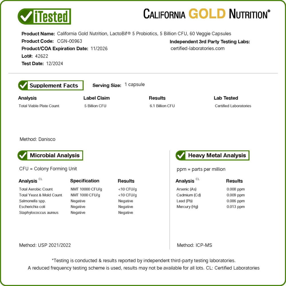 California Gold Nutrition, LactoBif® 5, пробиотики, 5 млрд КОЕ, 60 растительных капсул