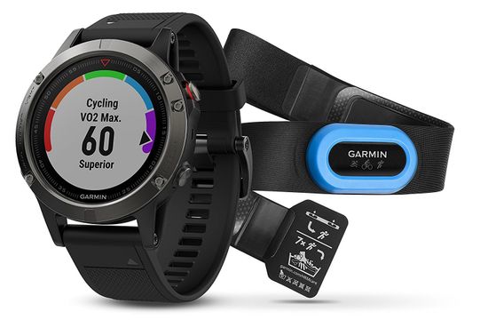 Умные мужские спортивные часы Garmin Fenix 5 - серые с черным ремешком и HRM-Tri 010-01688-30