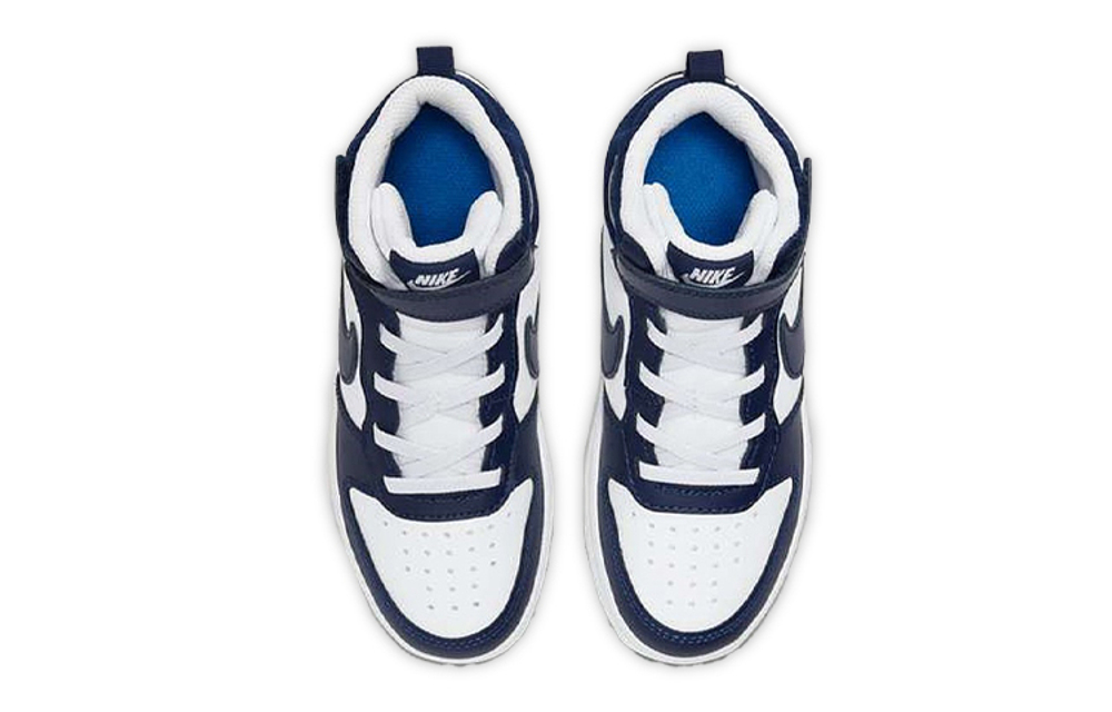 Middle-aged children Nike Court Borough Mid 2 cowhide shock absorption, lightweight, wear-resistant, non-slip mid-top sneakers, white and blue