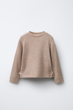 ZARA БЛЕСТЯЩАЯ ФУТБОЛКА В РУБЧИК С БАНТАМИ, РЫЖЕВАТО-КОРИЧНЕВЫЙ