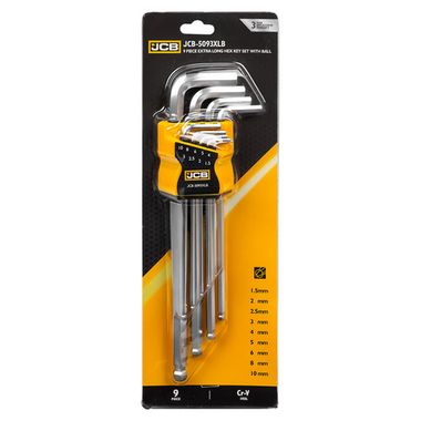 Ключи Г-образные 6-гранные экстра длинные с шаром, набор 9пр. (1.5-6, 8, 10мм) JCB JCB-5093XLB