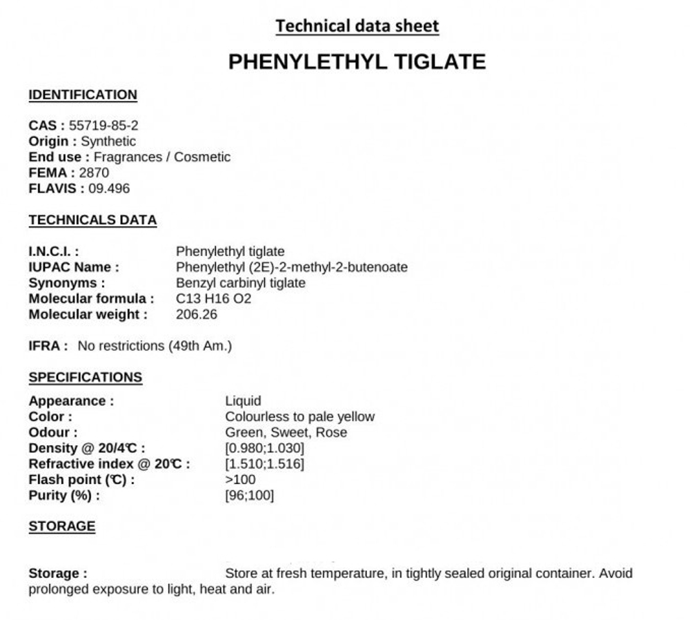 PHENYLETHYL TIGLATE / ФЕНИЛЭТИЛТИГЛАТ CAS 55719-85-2