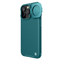 Чехол зеленого цвета (Exuberant Green) с вставками из кожи от Nillkin для iPhone 15 Pro Max, с откидной металлической крышкой для камеры, серия CamShield Prop Leather