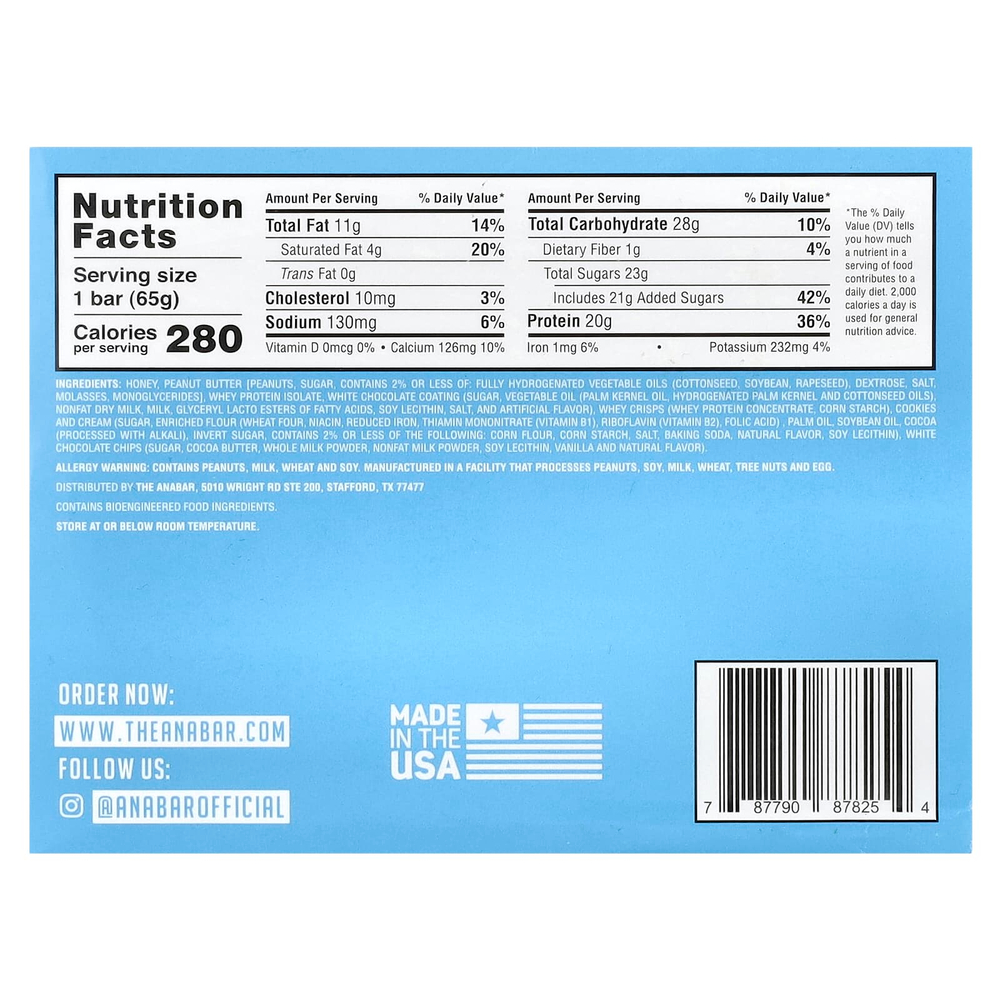 The Anabar, The Protein-Packed Candy Bar®, печенье с кремом из белого шоколада, 12 батончиков по 65 г (2,29 унции)