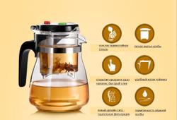 296001 Чайник изипот Б/носика, крышка съемная 750мл, H=15cm, D=9,5cm, стекло/плаcтик