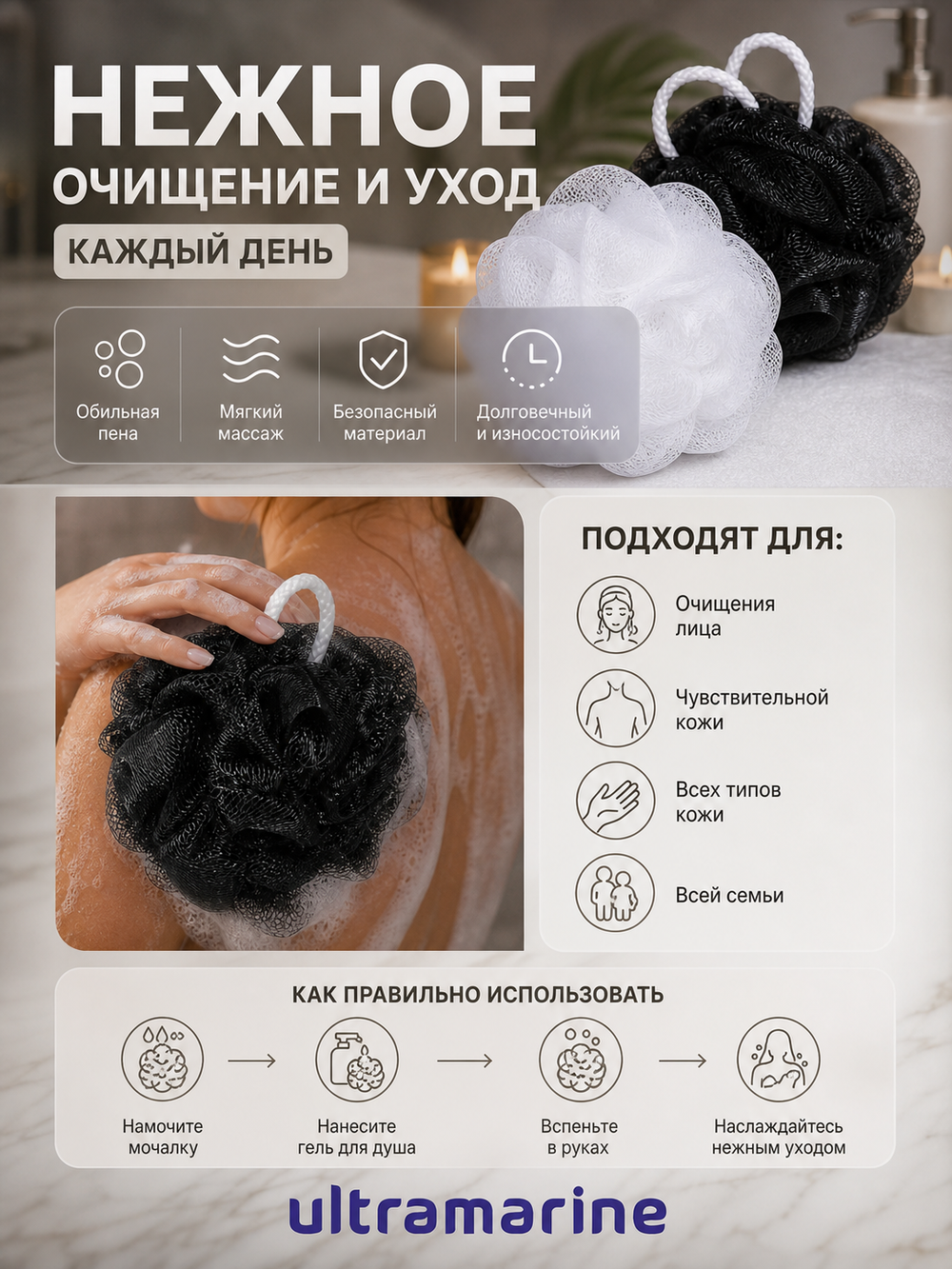 Мочалки - шары для тела 2 шт в наборе «Для Него и для Неё», цвет черный и белый, 50гр, d-12см ✦