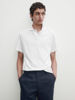 Massimo Dutti Поло из смесового хлопка с короткими рукавами, белый