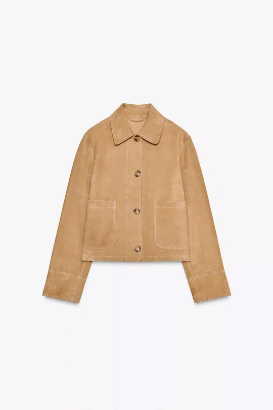 ZARA КУРТКА ИЗ 100% ЗАМШИ, РЫЖЕВАТО-КОРИЧНЕВЫЙ