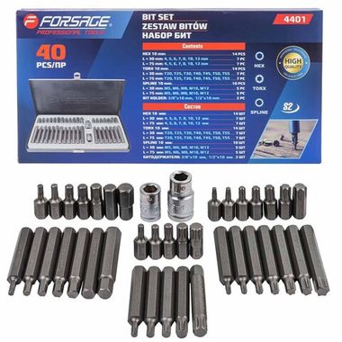 Набор бит с битодержателями 40пр.(70/35,T20-Т55, H4-H12, M5-M12) в железном кейсе Forsage F-4401