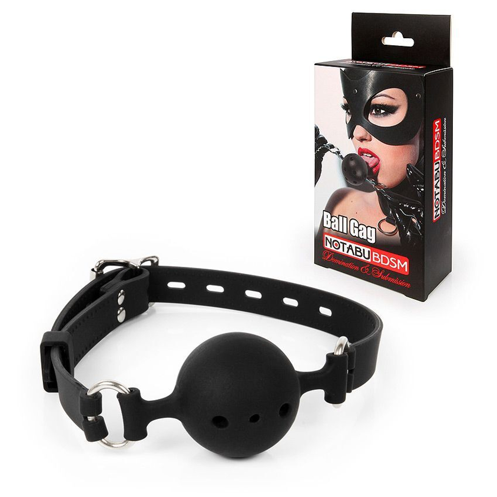 Черный силиконовый кляп-шарик с отверстиями на регулируемом ремешке (Цвет: черный)