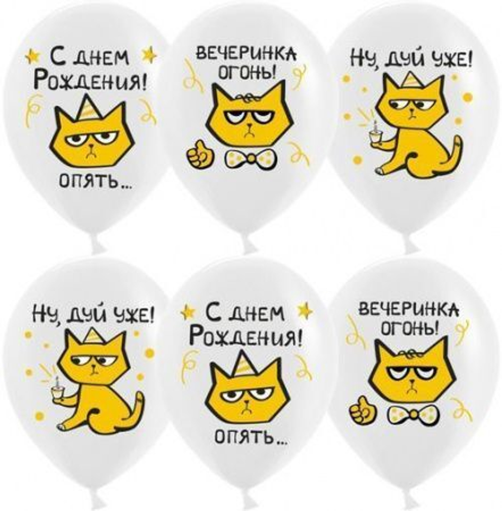 Шар (12""/30 см) С Днем Рождения! (рыжий котик), Белый, пастель, 1 ст, 25 шт.