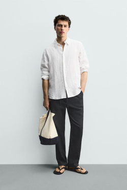 ZARA БРЮКИ RELAXED FIT ИЗ ХЛОПКА И ЛЬНА, МОРСКОЙ СИНИЙ