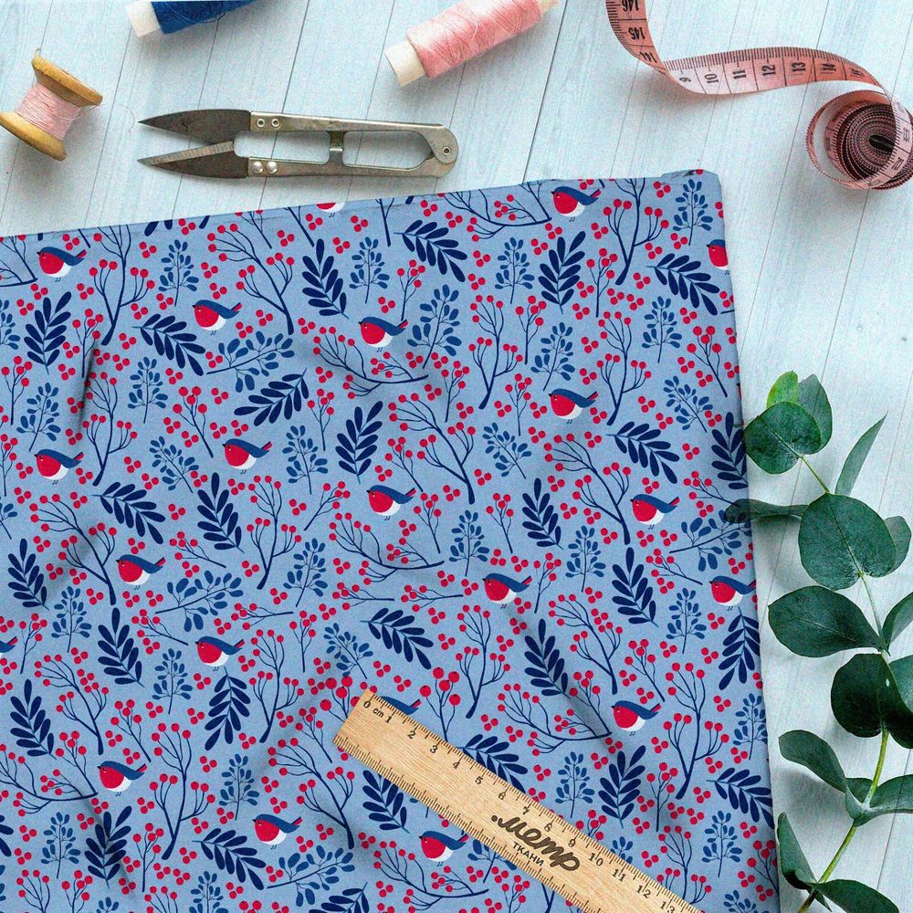 Ткань оксфорд 210 брусника и глаза на голубом фоне