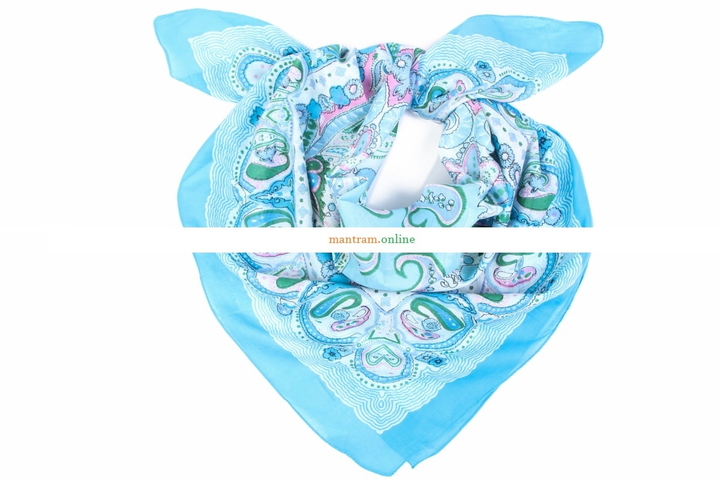 Платок материал Хлопок 100% "Огурцы, цветы" цвет зеленый розовый голубой, синяя кайма 100x100 см.