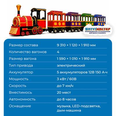 Детские аттракционы паровозик «Алые огоньки», 4 вагона, 20 мест