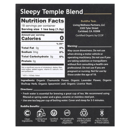 Buddha Teas, органический травяной чай, смесь для спокойного сна, 18 чайных пакетиков, 27 г (0,95 унции)