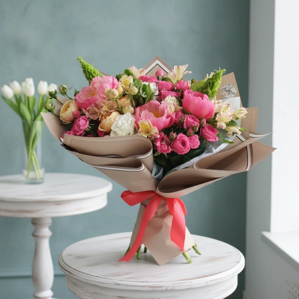 Букет с пионами кораллового цвета.