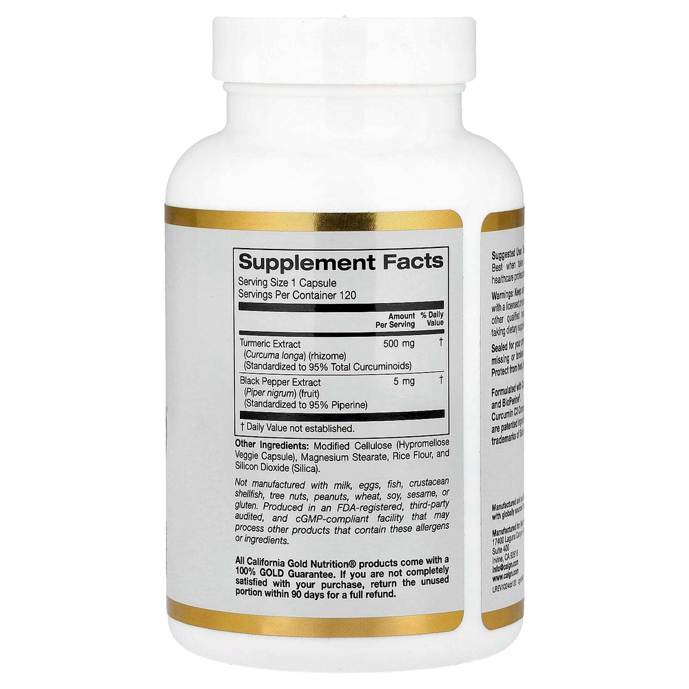 California Gold Nutrition, Curcumin C3 Complex®, комплекс куркумина из куркумы с экстрактом чёрного перца BioPerine®, повышенная биодоступность, 505 мг, 120 растительных капсул