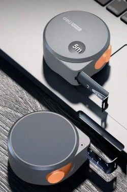 Рулетка "Home Series Gray" Deli HT8519C 5мх19мм (Эксклюзивный дизайн, корпус из софттач пластика, противоскользящая резиновая вставка, подарочная упаковка)