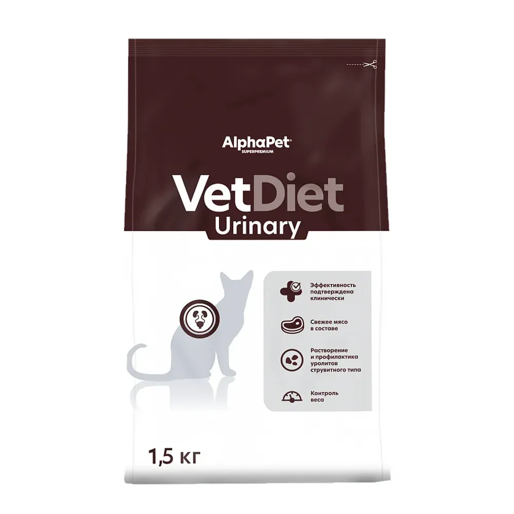 Уценка! Срок 06.08.26/ Сухой диетический корм AlphaPet VetDiet URINARY для взрослых кошек и котов при заболеваниях нижних отделов мочевыводящих путей