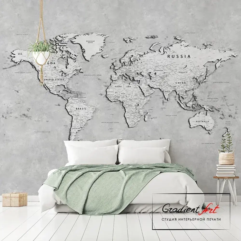 Фотообои карта мира бетон лофт "Карта мира" 315см x 270см флизелин премиум моющиеся GradientArt WM2W315270LG