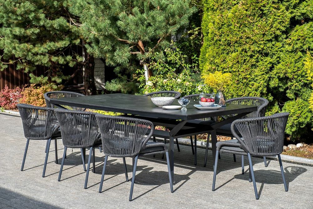 "Милан" стул плетеный из роупа, каркас алюминий темно-серый (RAL7024) муар, роуп темно-серый круглый, ткань темно-серая 027