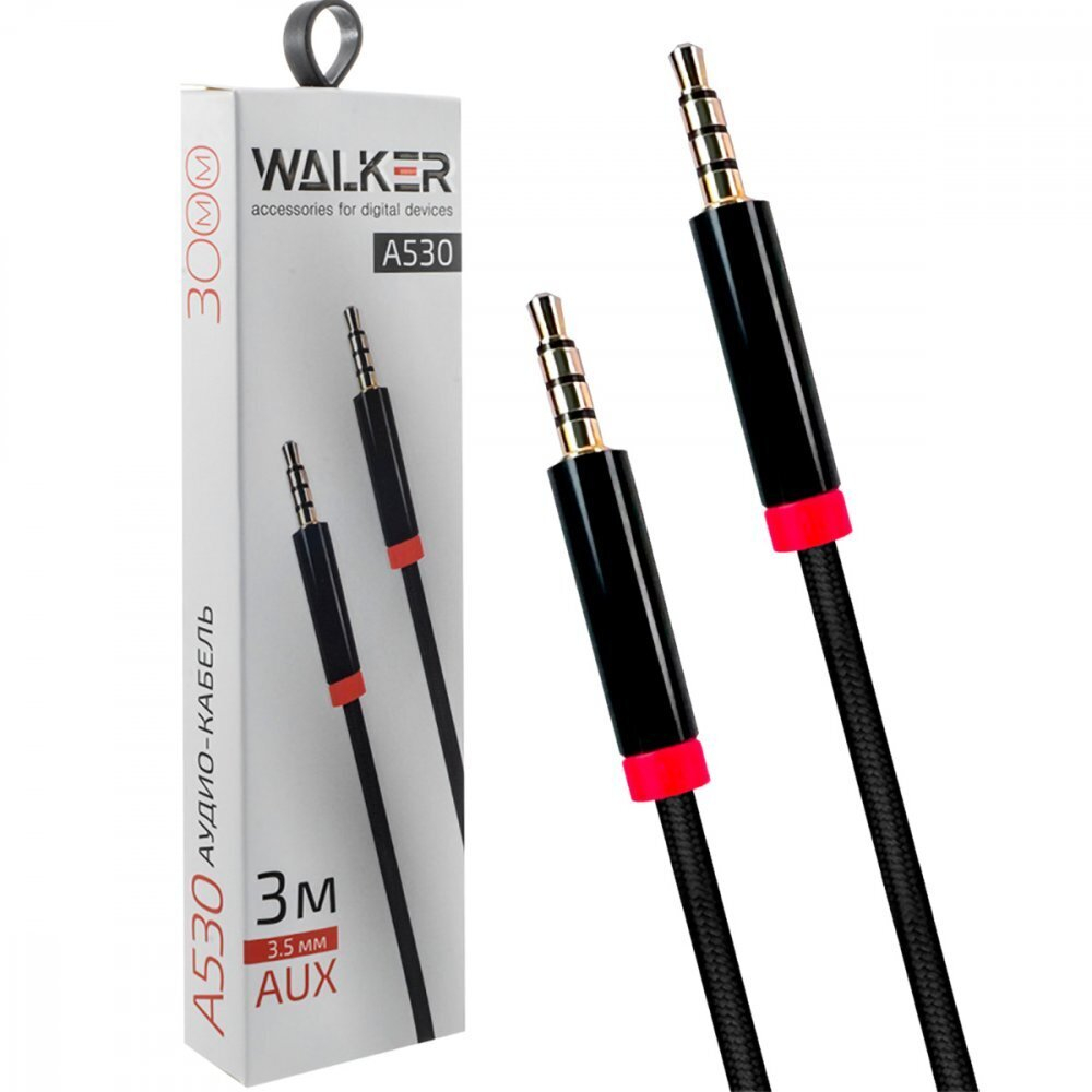 Кабель AUX WALKER WCA-530, (3 метра), 3.5мм, четырехконтактный, нейлон, черный