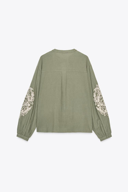 ZARA БЛУЗА С КОНТРАСТНОЙ ВЫШИВКОЙ, СВЕТЛЫЙ ХАКИ