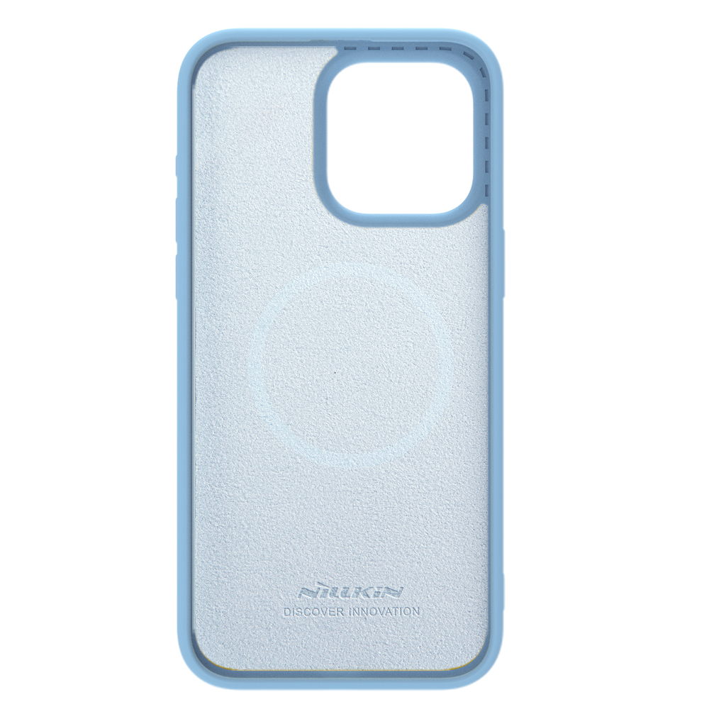 Чехол с MagSafe и с шелковистым покрытием синего цвета (Haze Blue) от Nillkin для iPhone 15 Pro Max, серия CamShield Silky Magnetic Silicone Case