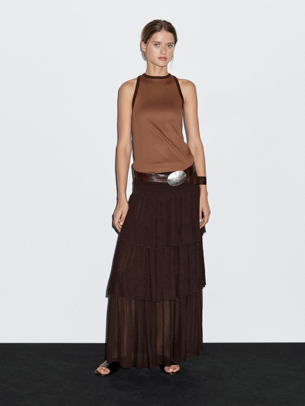 Massimo Dutti Топ из 100% хлопка с горловиной халтер и контрастной отделкой, кофейный