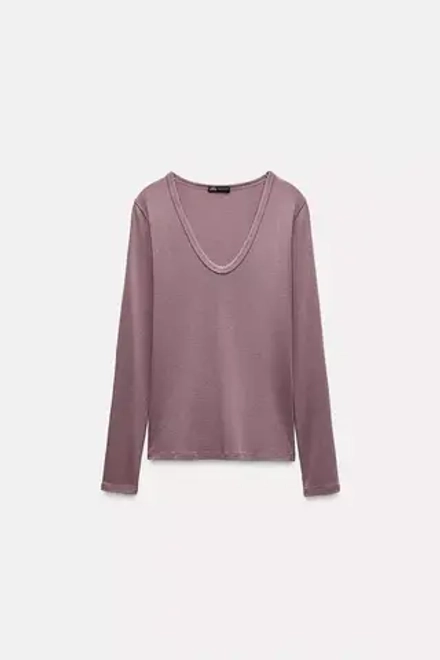 ZARA ФУТБОЛКА SLIM FIT ИЗ ТКАНИ С ЭФФЕКТОМ ПОТЕРТОСТИ, ЦВЕТ РОЗОВОГО МЕЛА