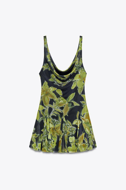 ZARA КОРОТКОЕ ПЛАТЬЕ ИЗ ТЮЛЯ С ЦВЕТОЧНЫМ ПРИНТОМ, ЧЕРНЫЙ/ЗЕЛЕНЫЙ