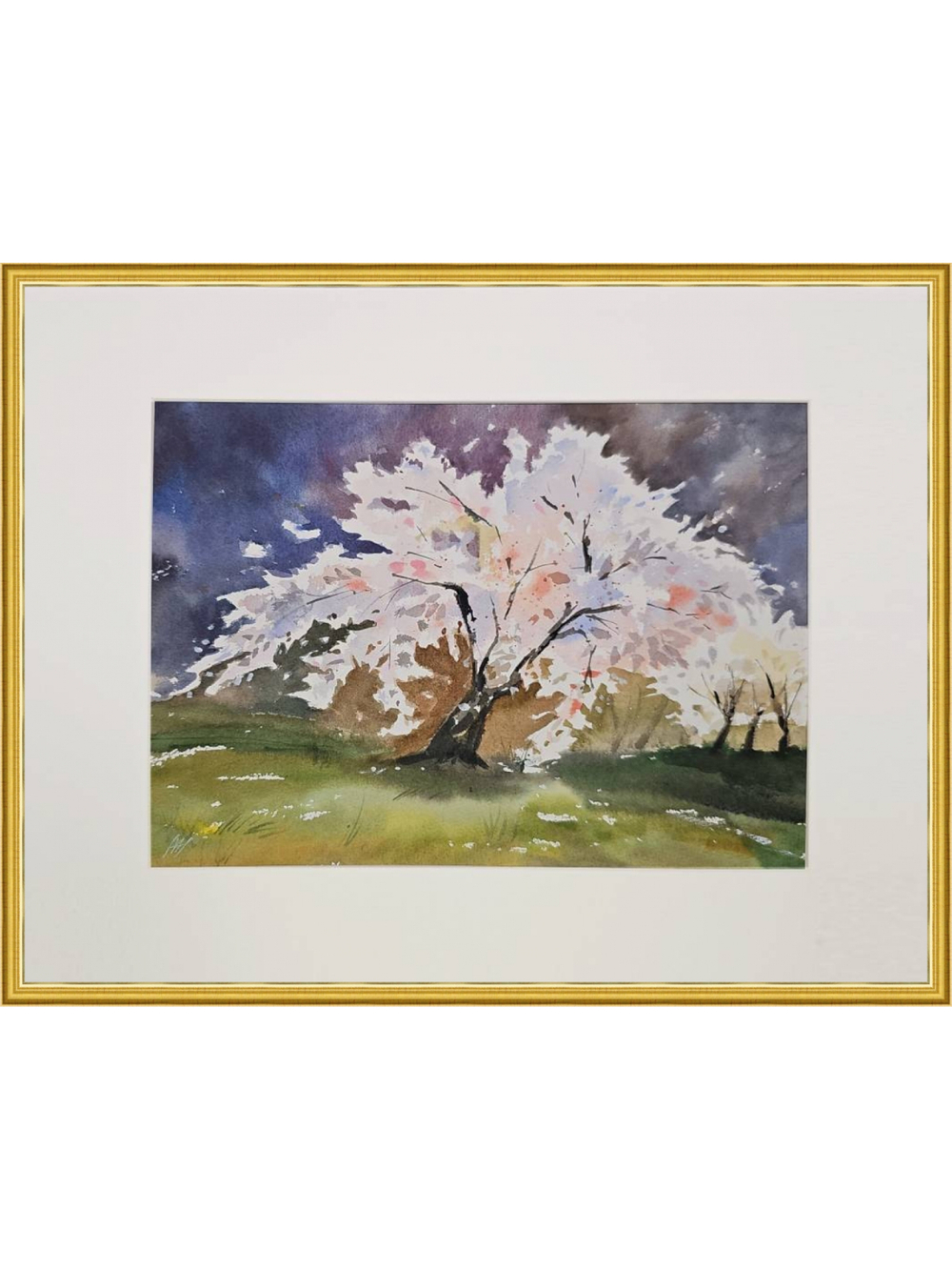 Картина авторская акварельная в паспарту 30х40 см на стену для интерьера "Цветущая сакура"