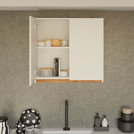 Навесной кухонный шкаф для посуды 80х32х75 Валенсия 2 двери с дубовой панелью / кухонный модуль с полкой / белый, массив дуба