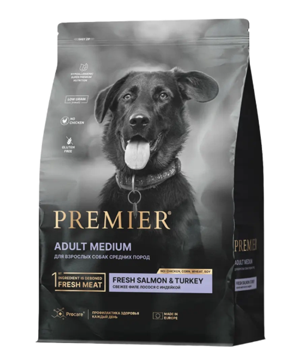Сухой корм для взрослых собак Premier Dog Adult Medium средних пород с чувствительной кожей и шерстью лосось к с индейкой 10кг