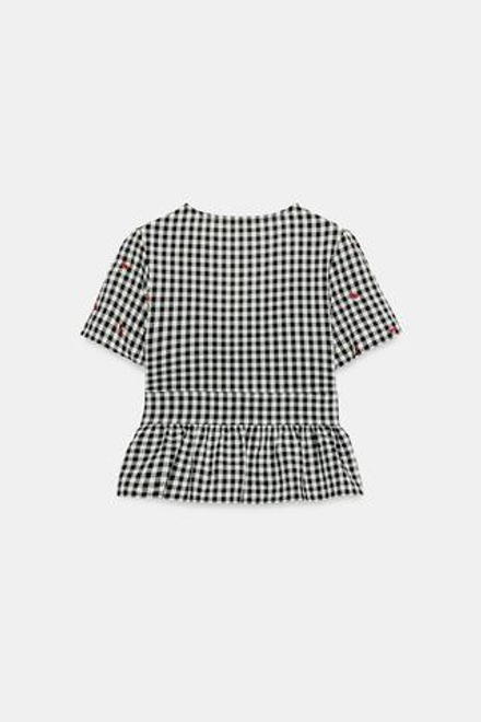 ZARA ТОП В КЛЕТКУ ВИШИ С ВЫШИВКОЙ ВИШЕН, БЕЛЫЙ/ЧЕРНЫЙ