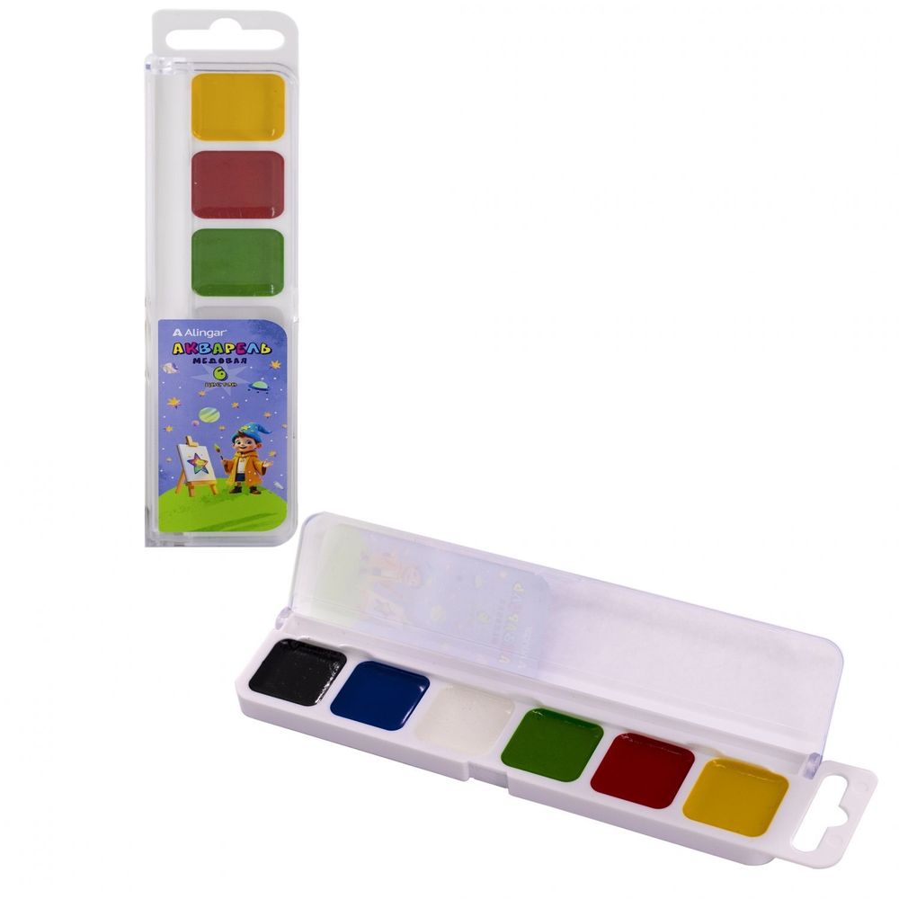 Акварель Alingar медовая, 6 цветов, без кисти, пластик, европодвес, "Звездочет" Акварель Alingar медовая, 6 цветов, без кисти, пластик, европодвес, "Звездочет"