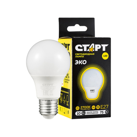 Лампа светодиодная LED Старт ECO Груша, E27, 10 Вт, 2700 K, теплый свет