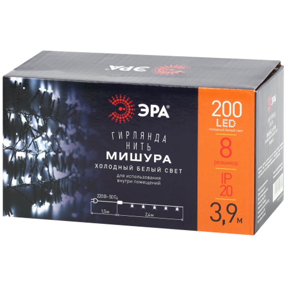 ENIN - GC ЭРА Гирлянда LED Нить Мишура 3,9 м зеленый провод, холодный свет, 220V | Гирлянды