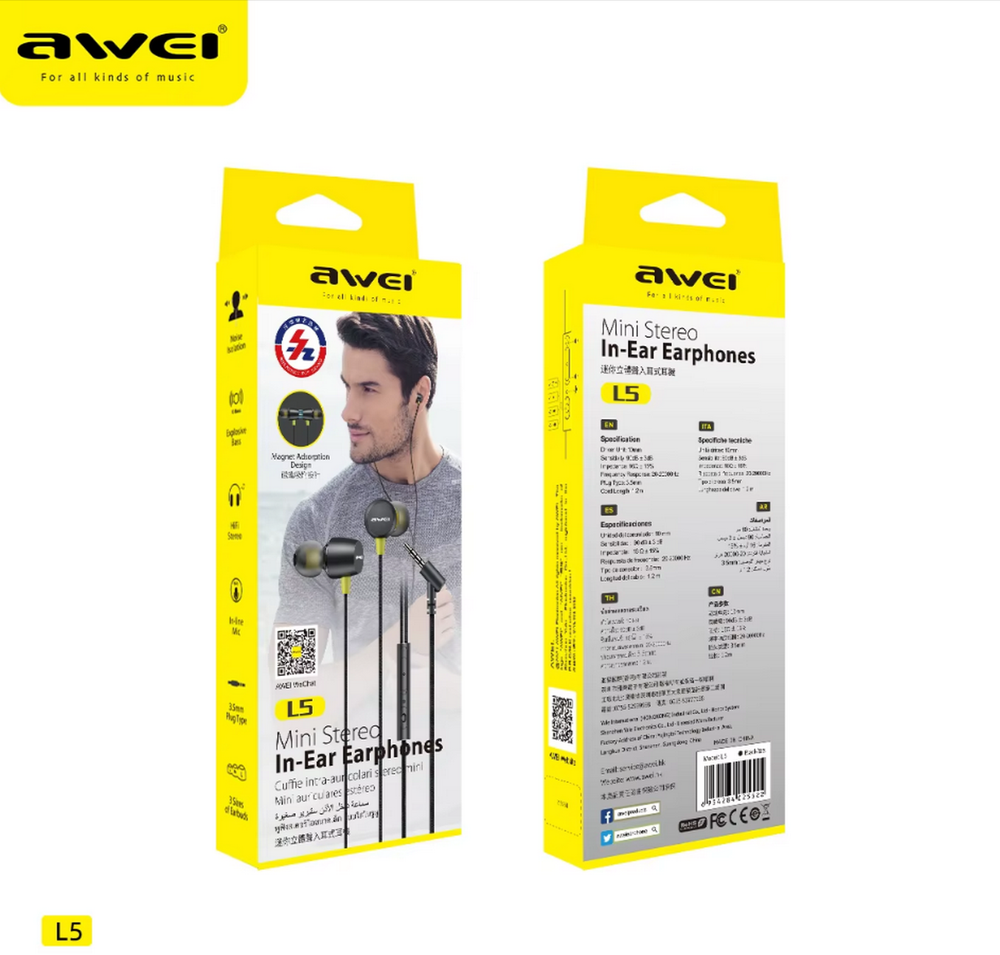 Наушники проводные с микрофоном Stereo Awei L5