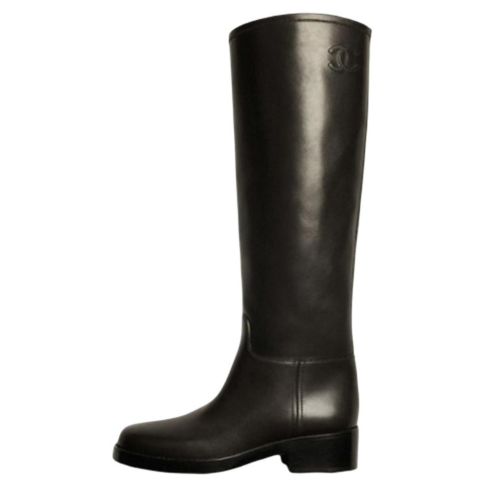 CHANEL Leather Calfskin Knee high Boots Women"s Black