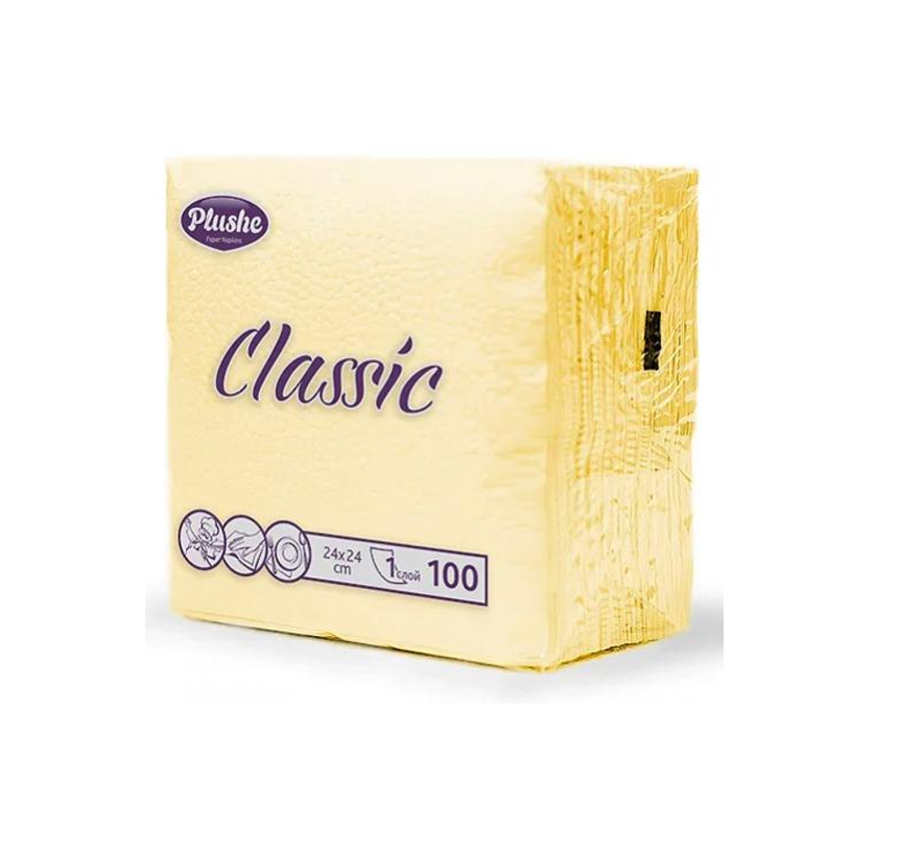 Салфетки бумажные Plushe Classic пастель желтый 1 слойные, 24*24 см, 100 штук