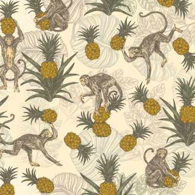 обезьянки и ананасы на светлом желтом фоне