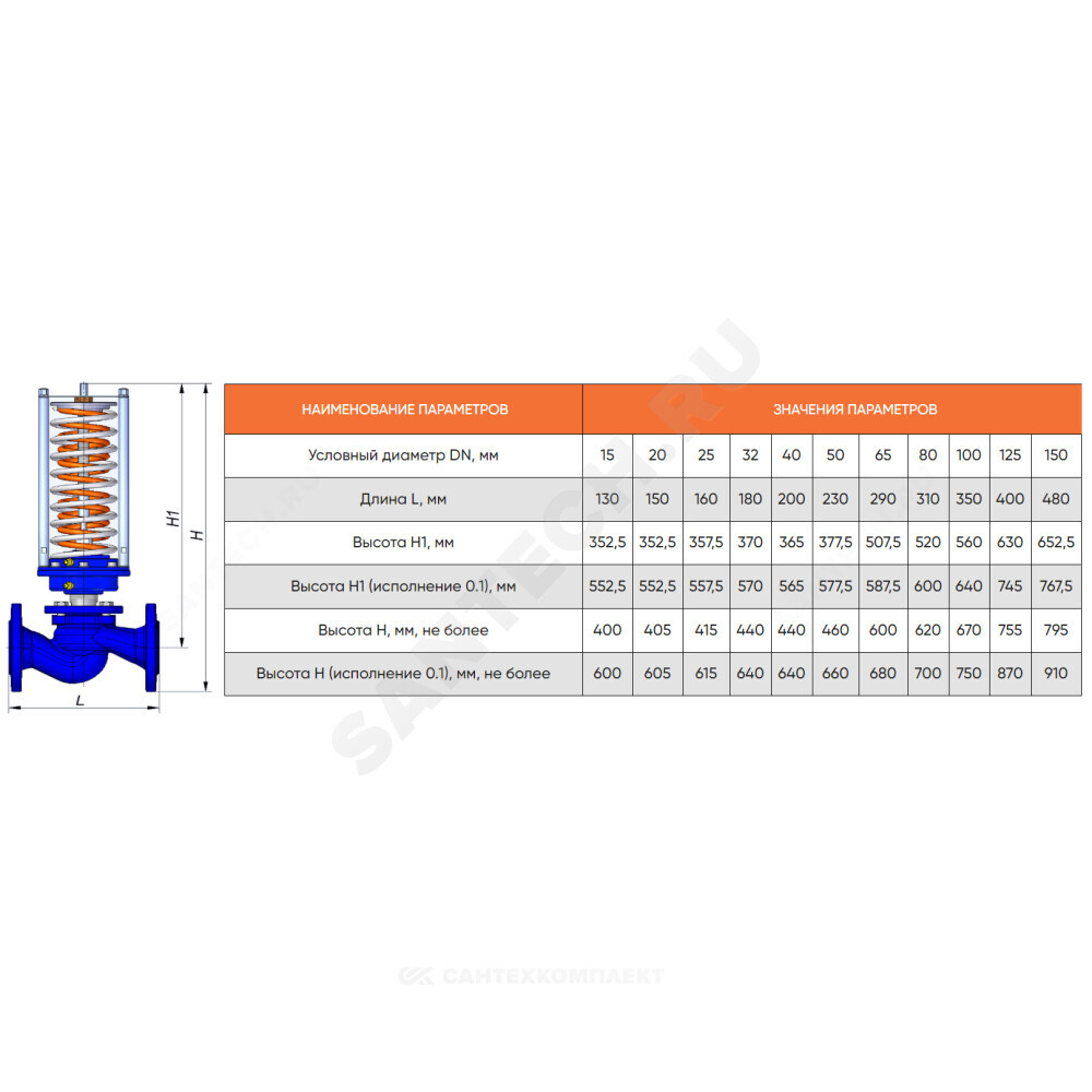 Регулятор давления после себя чугун RDT-P Ду 40 Ру16 фл Рп1.4-15.8 Kvs=20м3/ч Теплосила RDT-P-2.3-40-20
