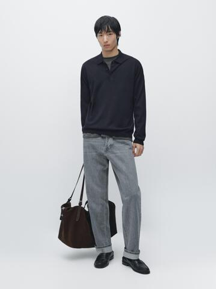 Massimo Dutti Шерстяной свитер с воротником поло, темно-синий