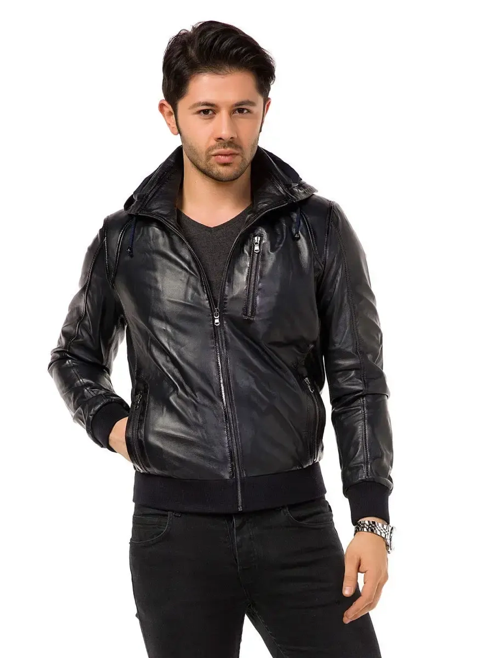 Куртка мужская натуральная кожаная с капюшоном бомбер Турция