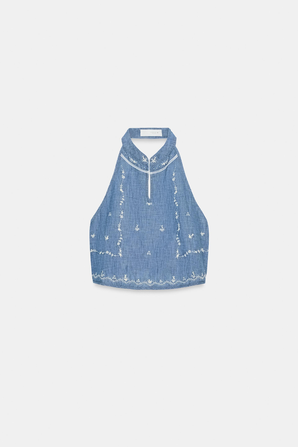 ZARA ТОП ХАЛТЕР С ВЫШИВКОЙ, ГОЛУБОЙ