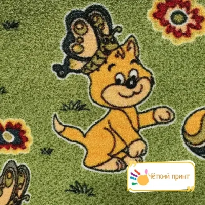 Детский ковролин 2х3 м, "Котики", зеленые с оверлоком